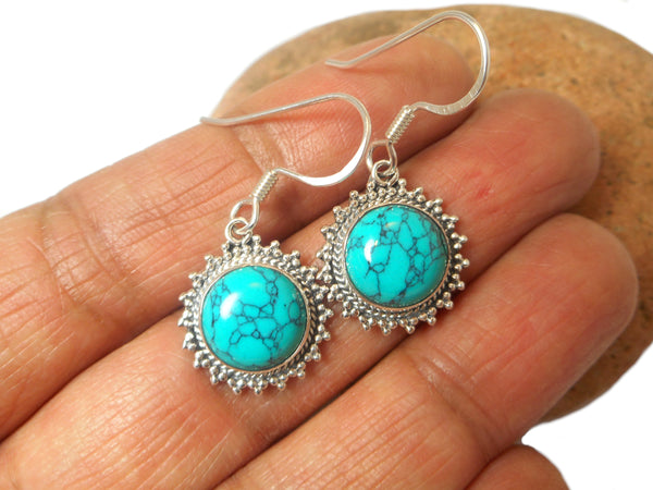 Round Blue TURQUOISE Sterling Silver 925 Gemstone Dangle Drop Earrings