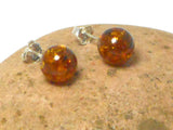 Cognac AMBER Sterling Silver Gemstone Round Stud Earrings 925 -  8 mm