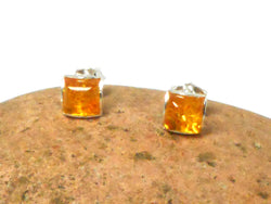 Cognac AMBER Sterling Silver Gemstone Square Stud Earrings 925 -  7 x 7 mm 