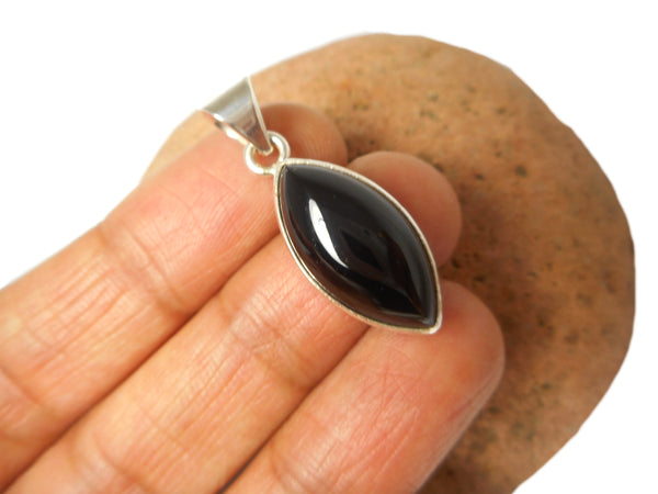 Marquise Shaped Black ONYX Sterling Silver 925 Gemstone Pendant