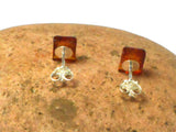 Rectangular Shaped AMBER Sterling Silver Gemstone Stud Earrings 925  - 7 x 9 mm