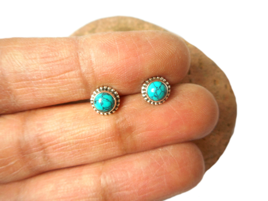 Round Blue / Green TURQUOISE Sterling Silver 925 Gemstone Stud Earrings - 5 mm